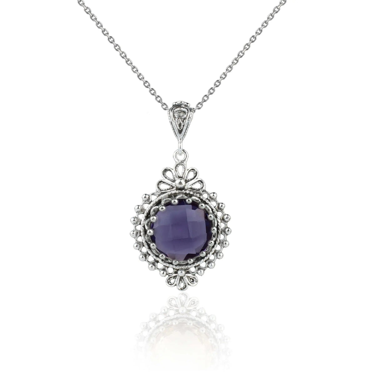 Filigree Art Amethyst Gemstone Women Silver Boho Pendant Necklace - Drakoi Marketplace