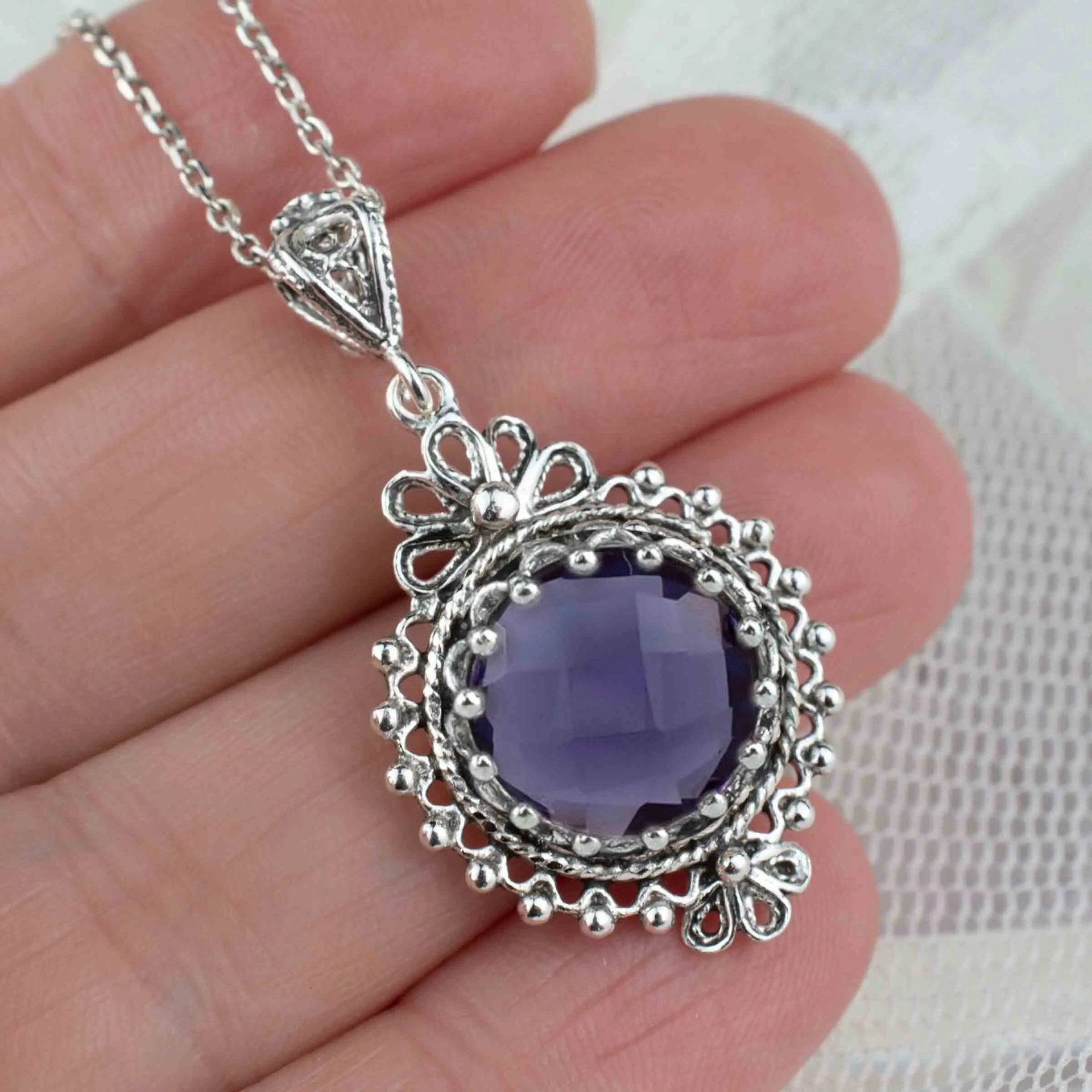 Filigree Art Amethyst Gemstone Women Silver Boho Pendant Necklace - Drakoi Marketplace