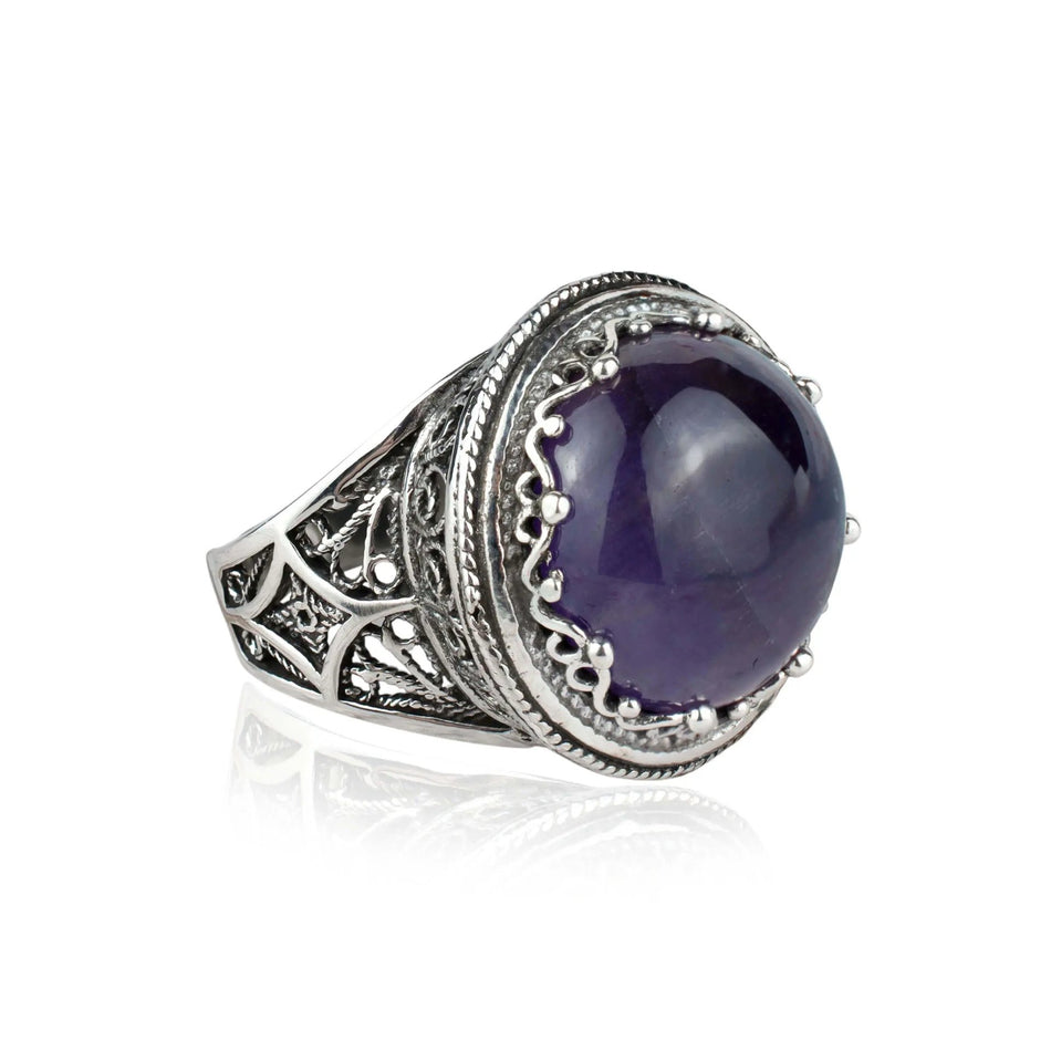 Filigree Art Amethyst Gemstone Women Silver Bold Statement Ring - Drakoi Marketplace