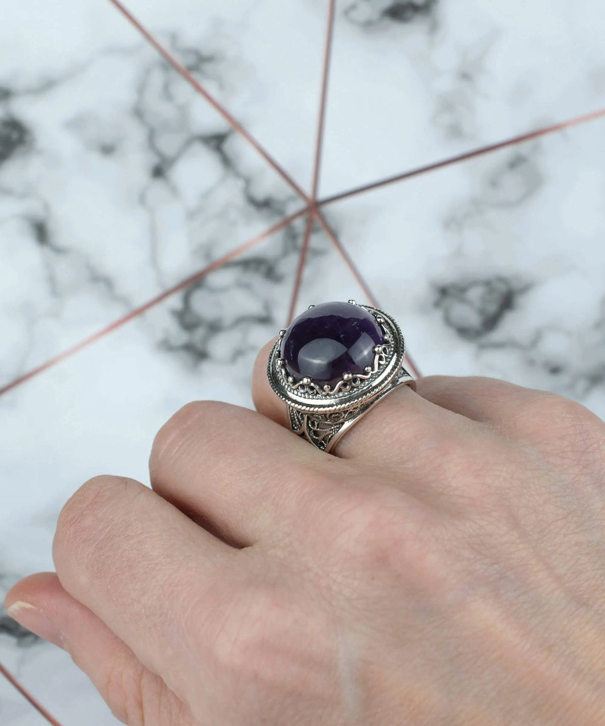 Filigree Art Amethyst Gemstone Women Silver Bold Statement Ring - Drakoi Marketplace