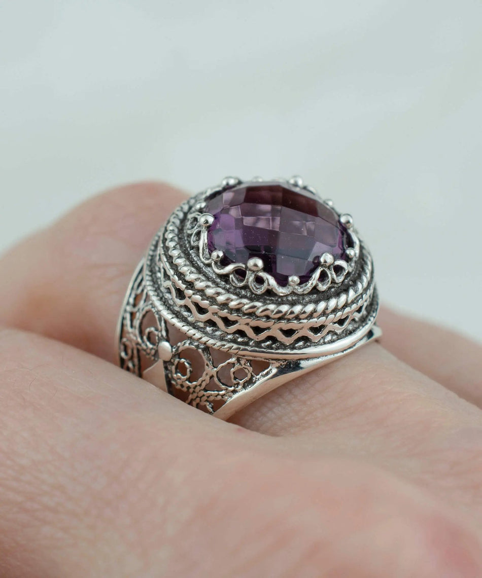 Filigree Art Amethyst Gemstone Women Silver Bold Statement Ring - Drakoi Marketplace