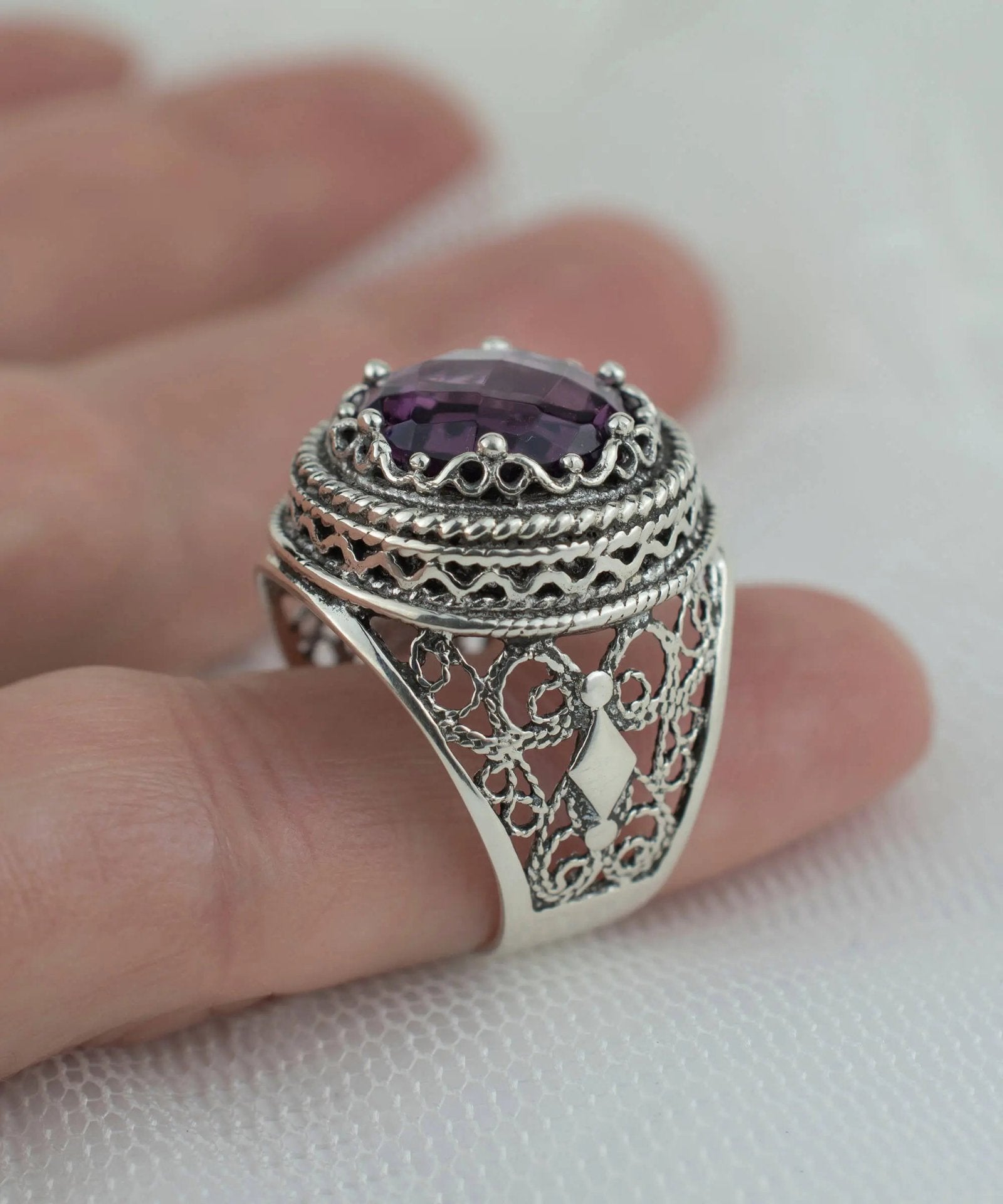 Filigree Art Amethyst Gemstone Women Silver Bold Statement Ring - Drakoi Marketplace