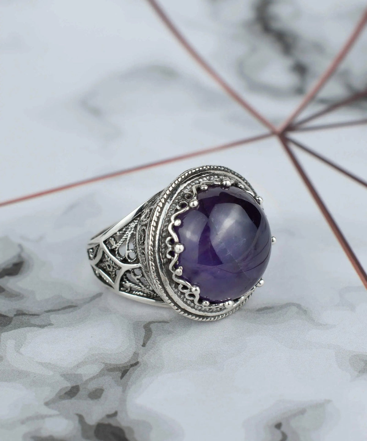 Filigree Art Amethyst Gemstone Women Silver Bold Statement Ring - Drakoi Marketplace