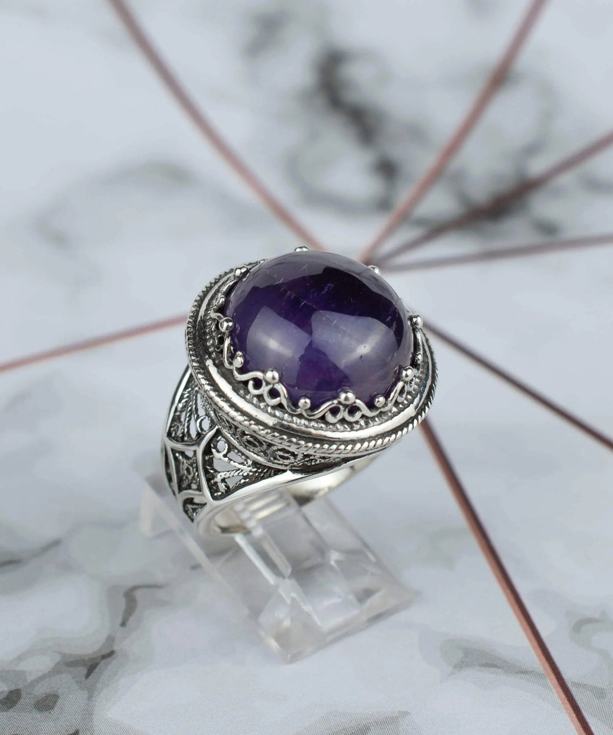 Filigree Art Amethyst Gemstone Women Silver Bold Statement Ring - Drakoi Marketplace