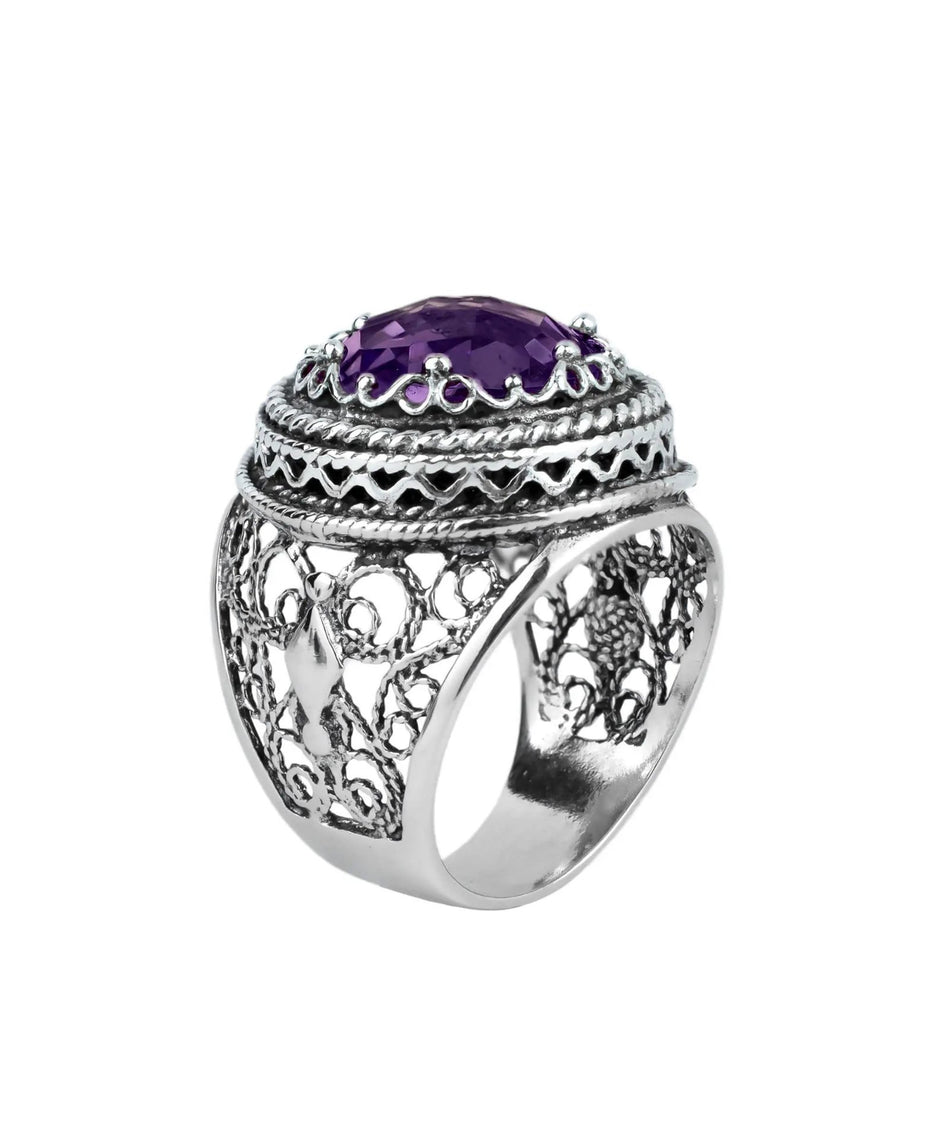 Filigree Art Amethyst Gemstone Women Silver Bold Statement Ring - Drakoi Marketplace