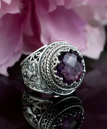 Filigree Art Amethyst Gemstone Women Silver Bold Statement Ring - Drakoi Marketplace