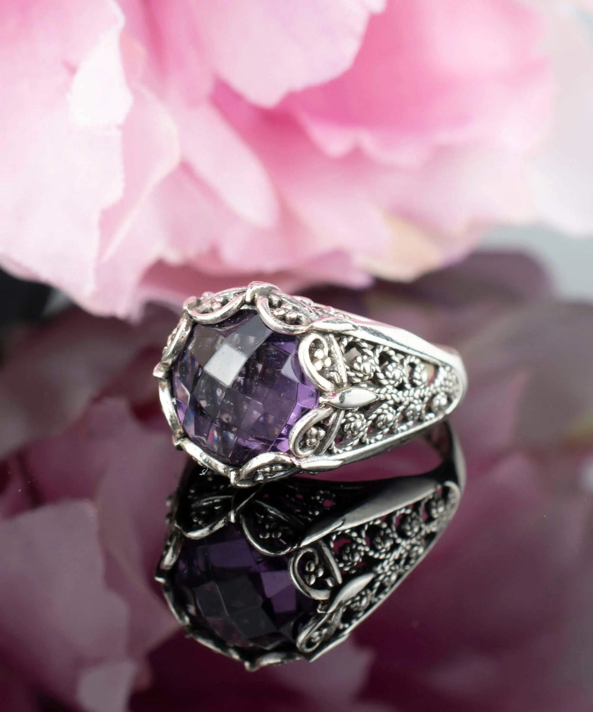 Filigree Art Amethyst Gemstone Women Silver Cocktail Ring - Drakoi Marketplace