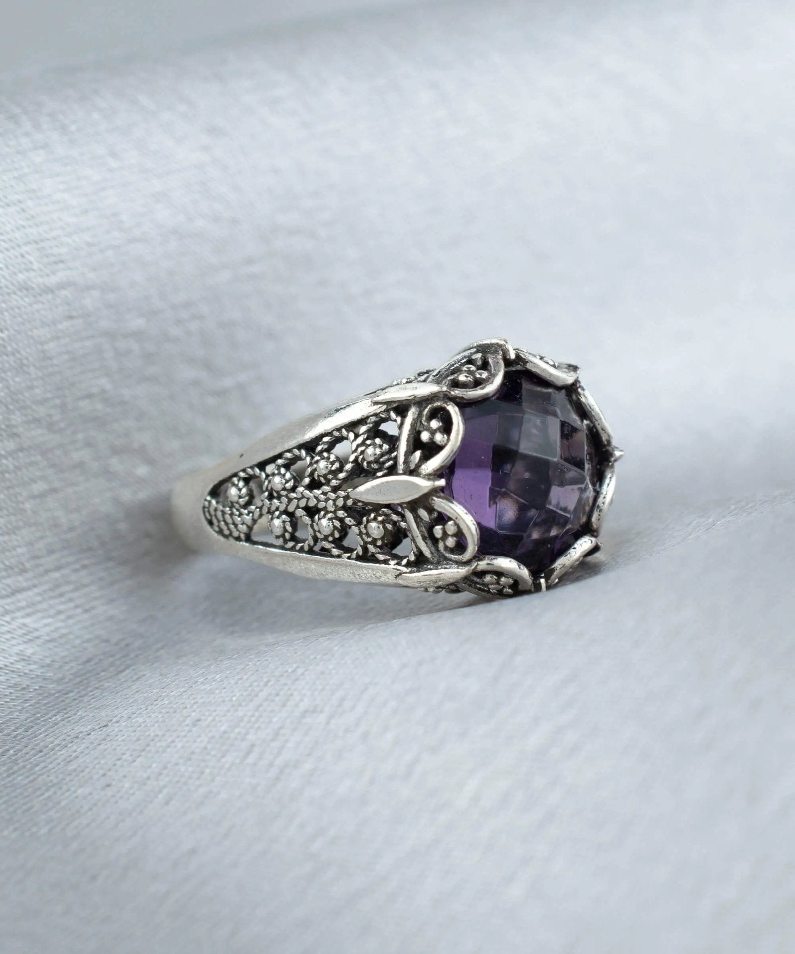 Filigree Art Amethyst Gemstone Women Silver Cocktail Ring - Drakoi Marketplace