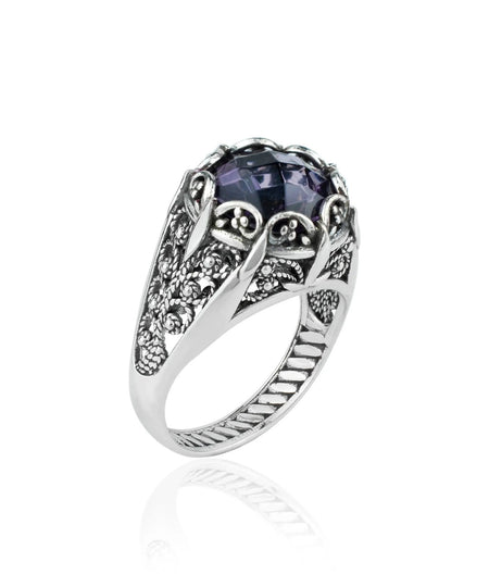 Filigree Art Amethyst Gemstone Women Silver Cocktail Ring - Drakoi Marketplace