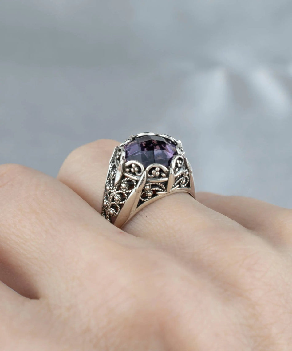 Filigree Art Amethyst Gemstone Women Silver Cocktail Ring - Drakoi Marketplace