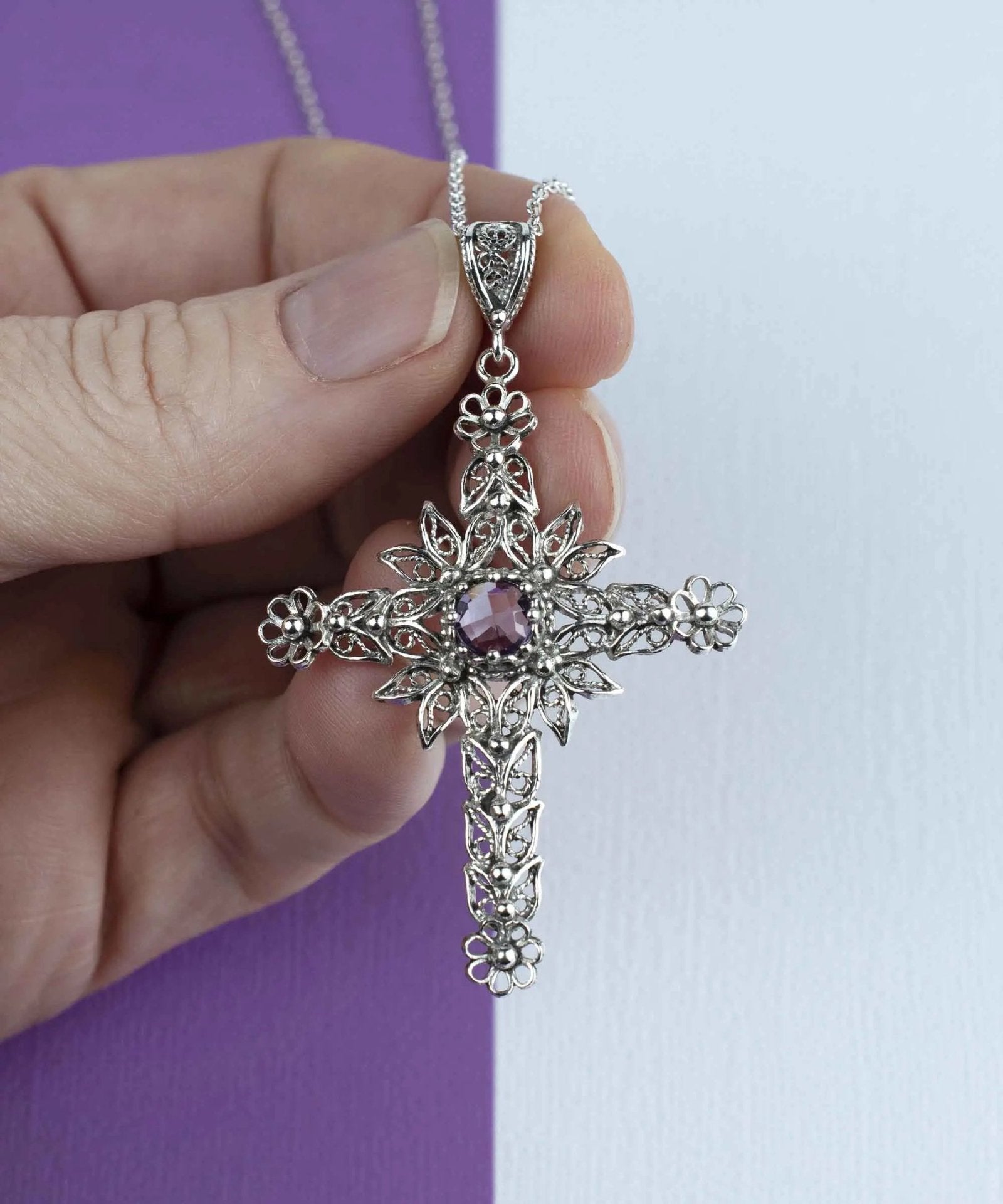 Filigree Art Amethyst Gemstone Women Silver Cross Pendant Necklace - Drakoi Marketplace