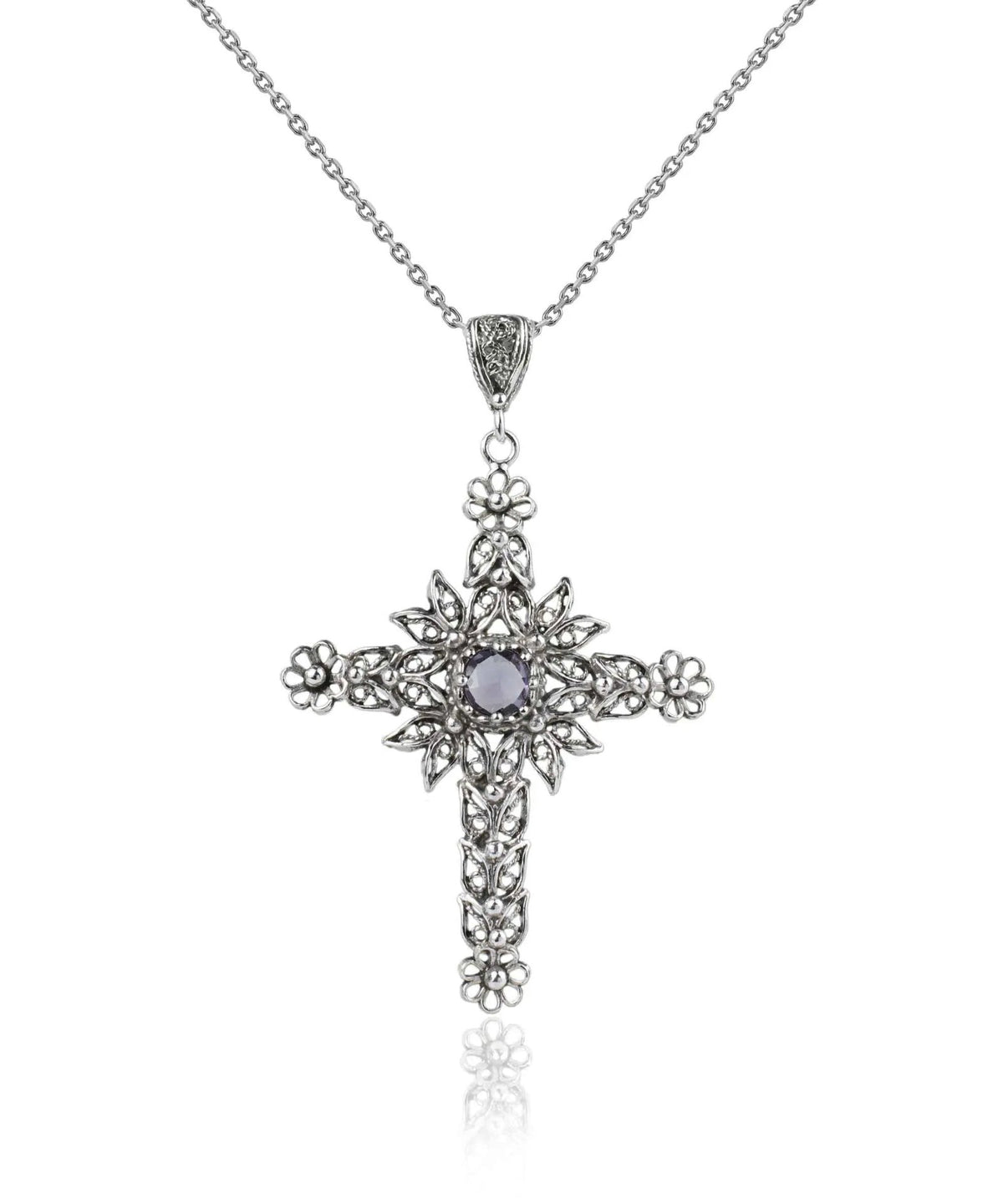 Filigree Art Amethyst Gemstone Women Silver Cross Pendant Necklace - Drakoi Marketplace