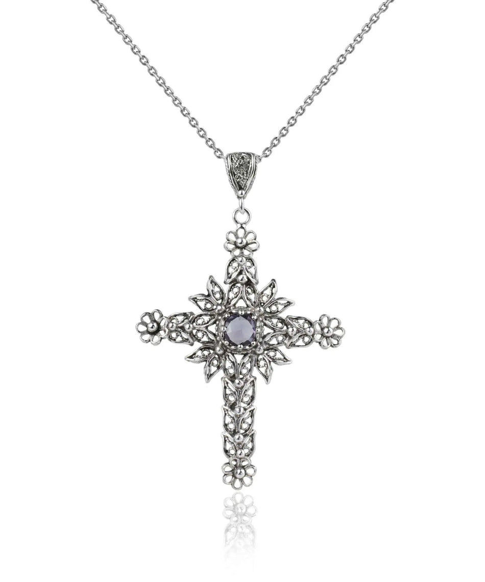 Filigree Art Amethyst Gemstone Women Silver Cross Pendant Necklace - Drakoi Marketplace