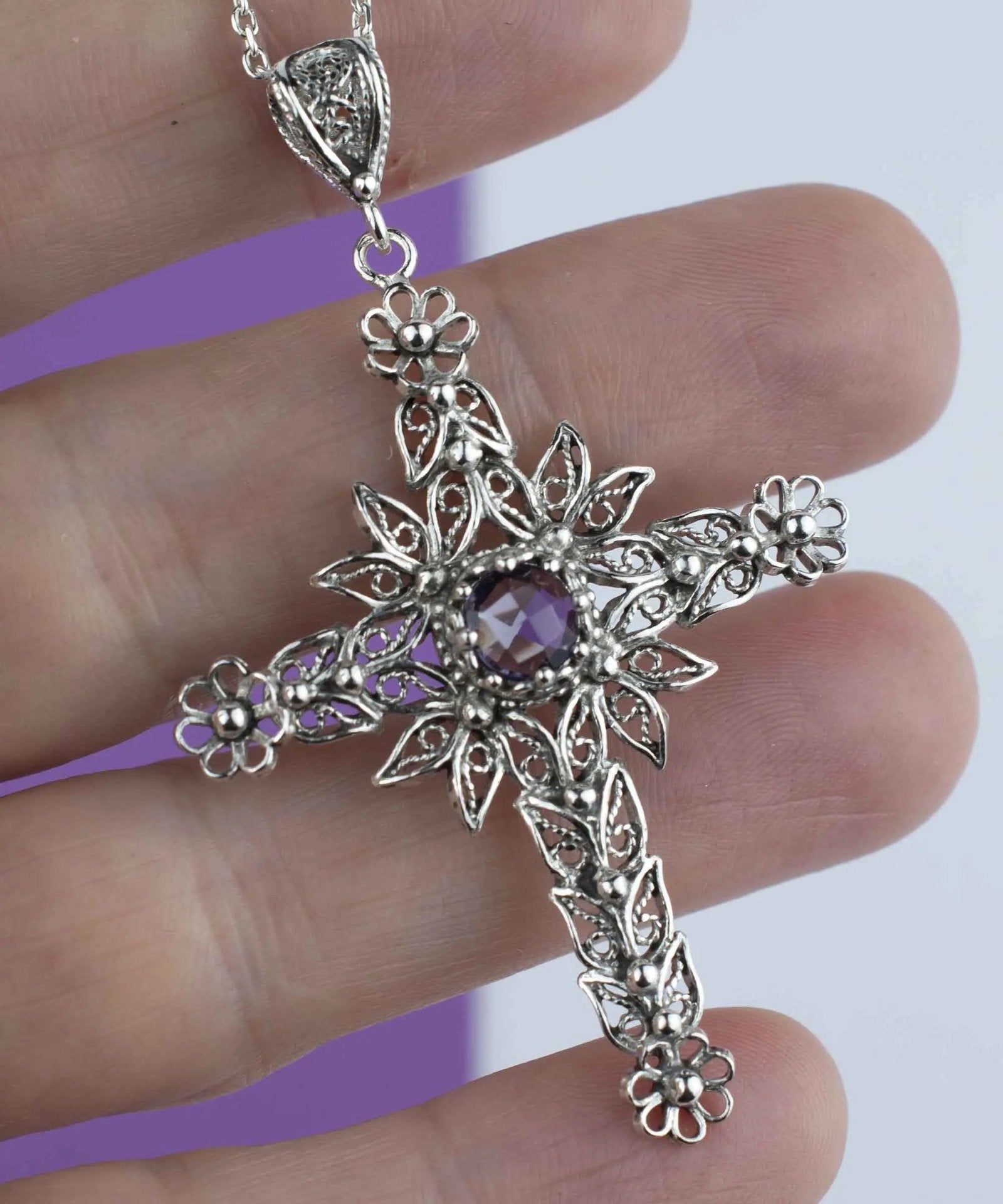 Filigree Art Amethyst Gemstone Women Silver Cross Pendant Necklace - Drakoi Marketplace