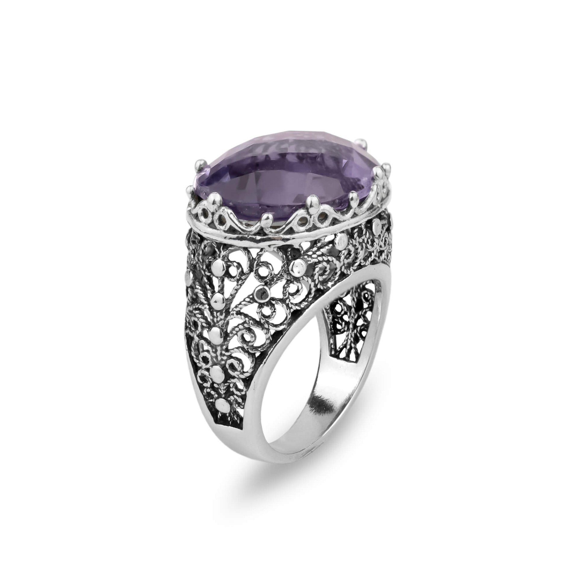 Filigree Art Amethyst Gemstone Women Silver Dome Statement Ring - Drakoi Marketplace