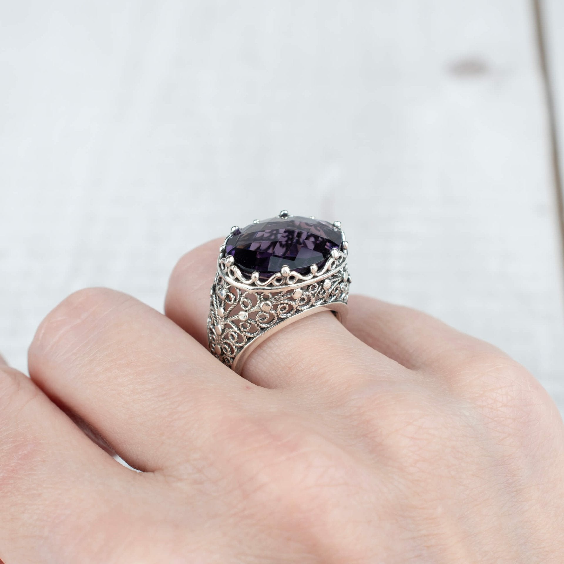 Filigree Art Amethyst Gemstone Women Silver Dome Statement Ring - Drakoi Marketplace