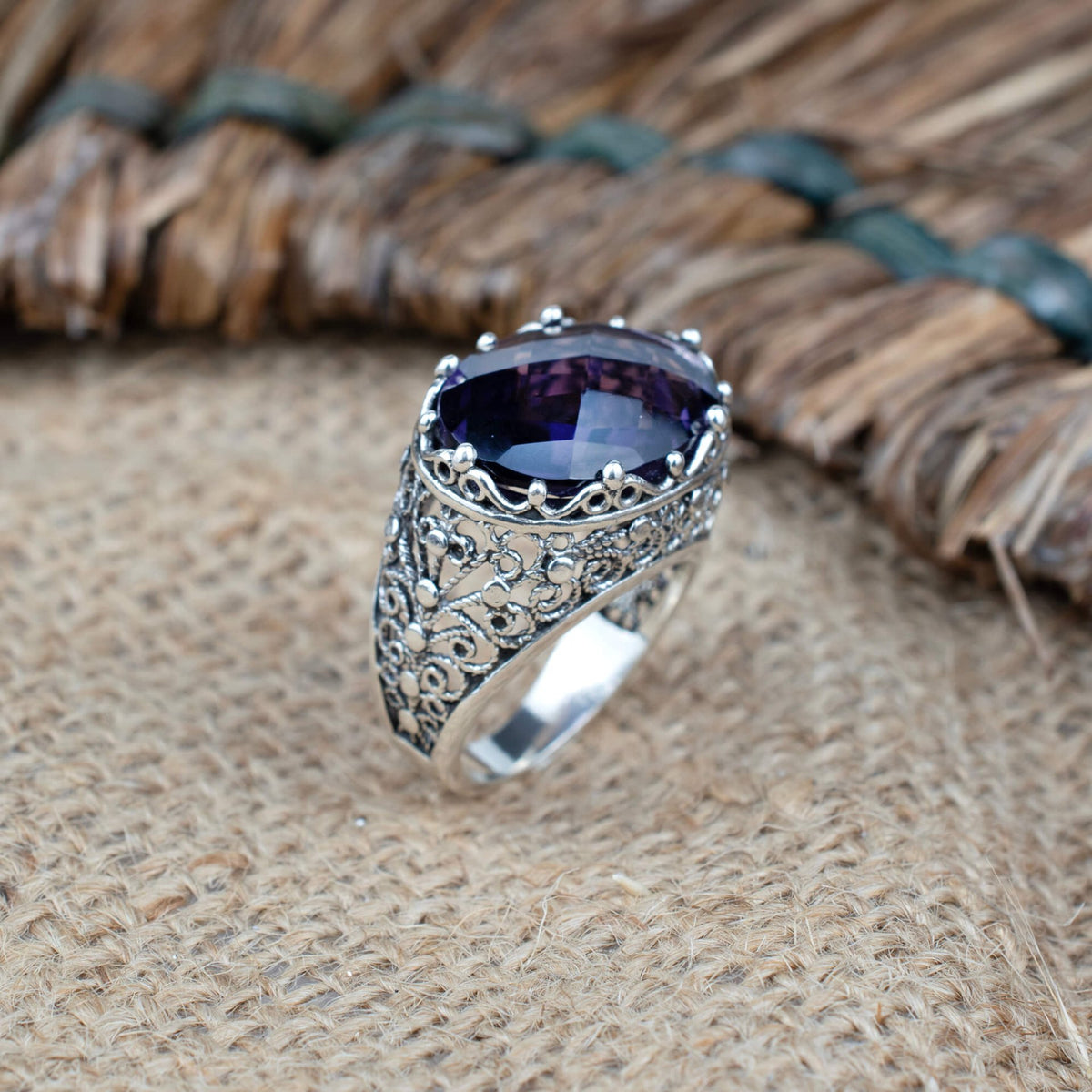 Filigree Art Amethyst Gemstone Women Silver Dome Statement Ring - Drakoi Marketplace