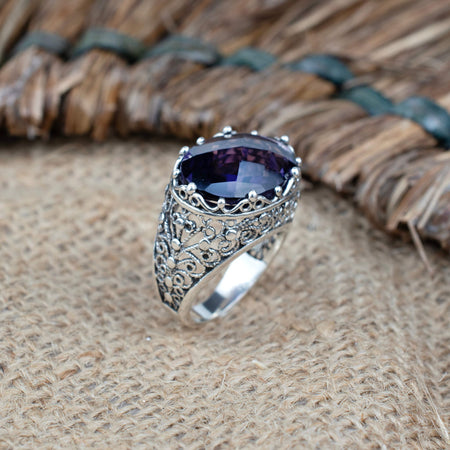 Filigree Art Amethyst Gemstone Women Silver Dome Statement Ring - Drakoi Marketplace