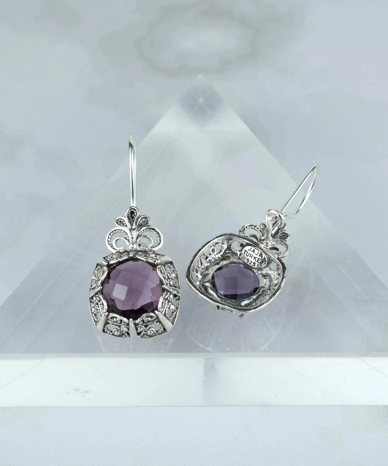 Filigree Art Amethyst Gemstone Women Silver Drop Earrings - Drakoi Marketplace