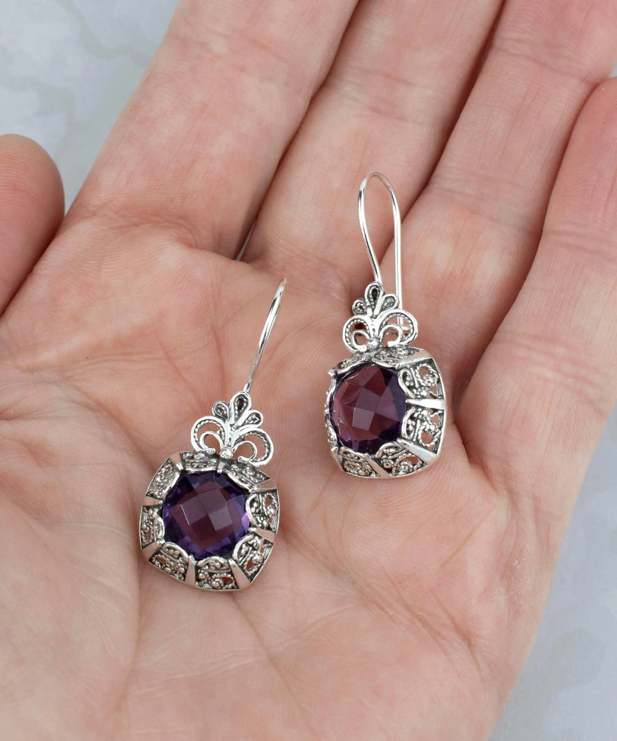 Filigree Art Amethyst Gemstone Women Silver Drop Earrings - Drakoi Marketplace