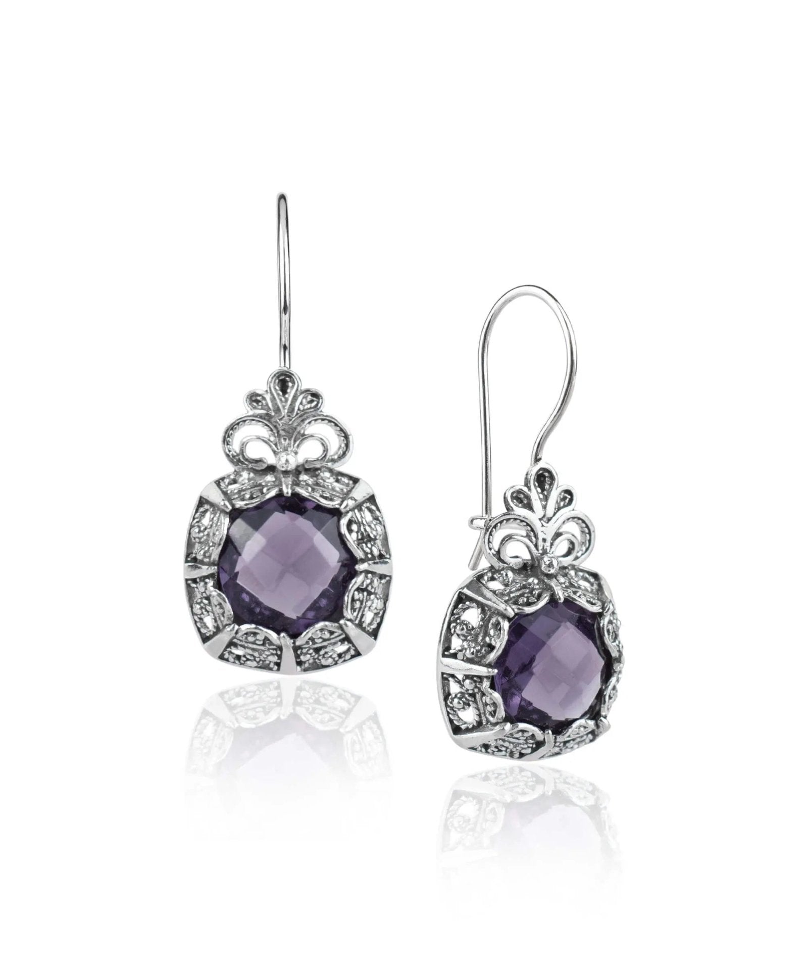 Filigree Art Amethyst Gemstone Women Silver Drop Earrings - Drakoi Marketplace