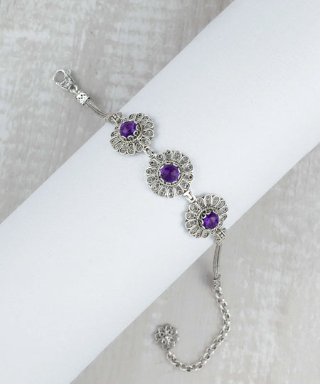 Filigree Art Amethyst Gemstone Women Silver Link Bracelet - Drakoi Marketplace