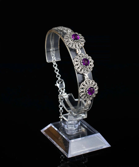 Filigree Art Amethyst Gemstone Women Silver Link Bracelet - Drakoi Marketplace