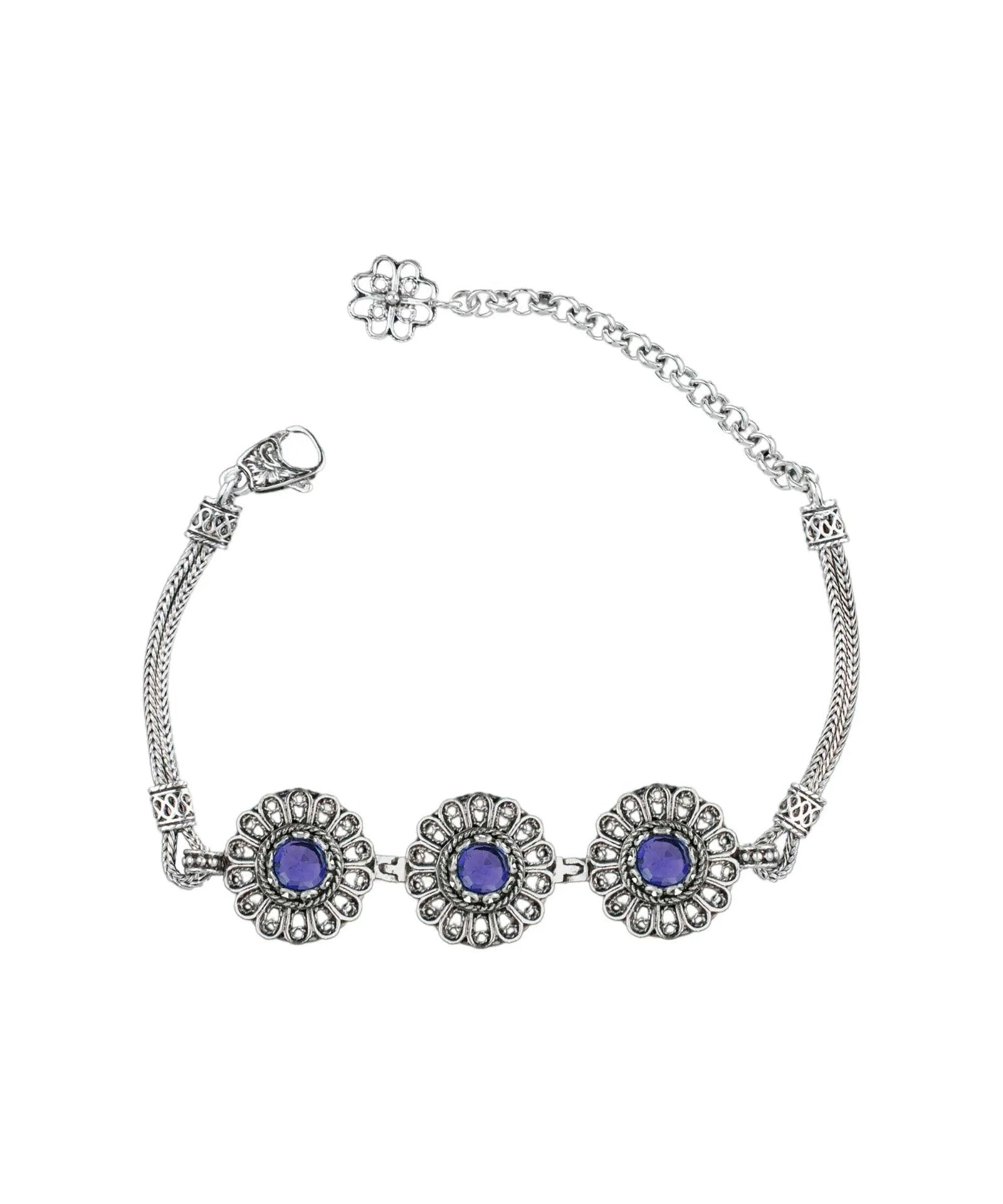 Filigree Art Amethyst Gemstone Women Silver Link Bracelet - Drakoi Marketplace