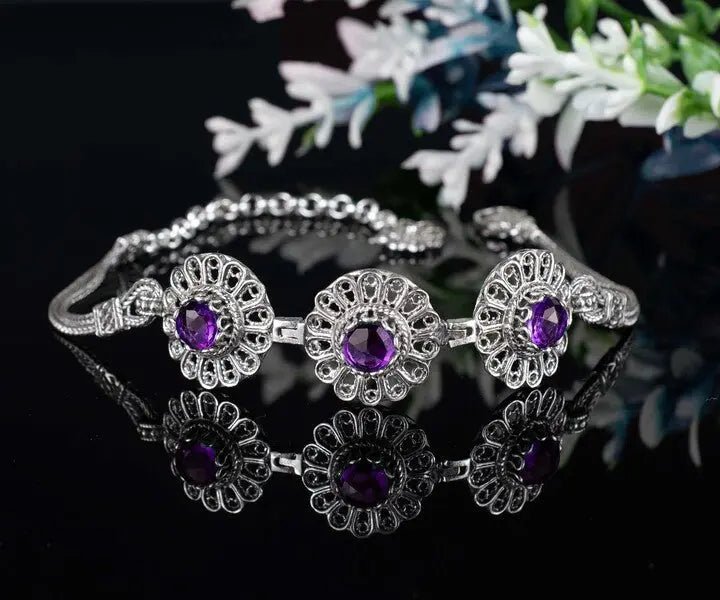 Filigree Art Amethyst Gemstone Women Silver Link Bracelet - Drakoi Marketplace