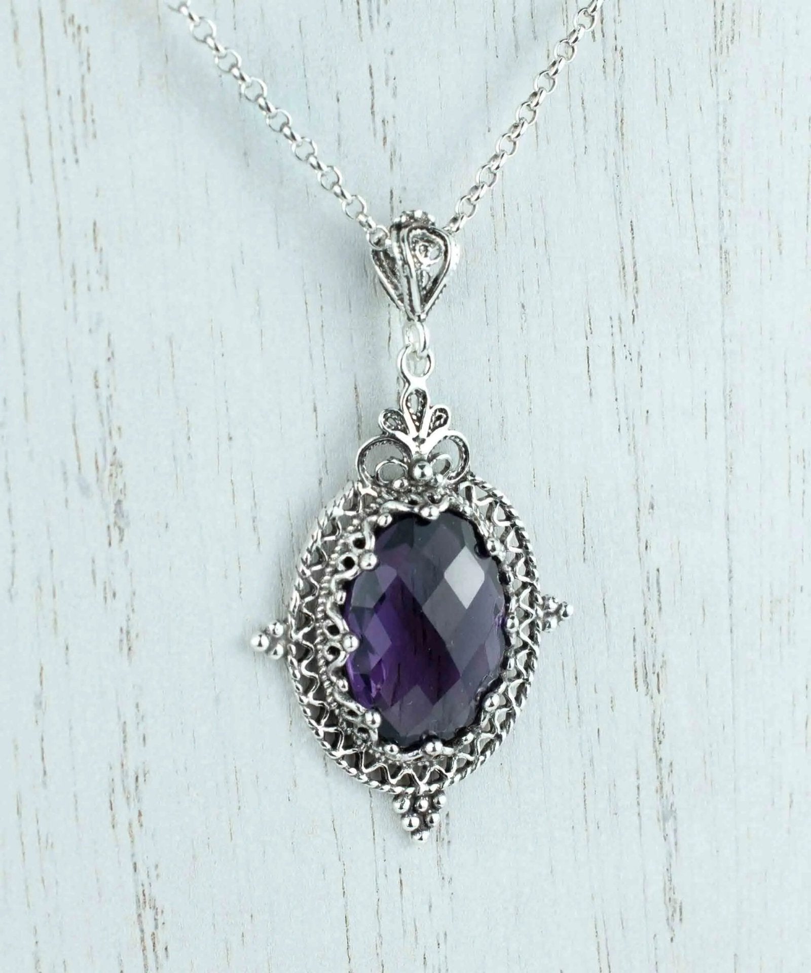 Filigree Art Amethyst Gemstone Women Silver Oval Pendant Necklace - Drakoi Marketplace