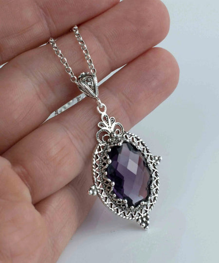 Filigree Art Amethyst Gemstone Women Silver Oval Pendant Necklace - Drakoi Marketplace