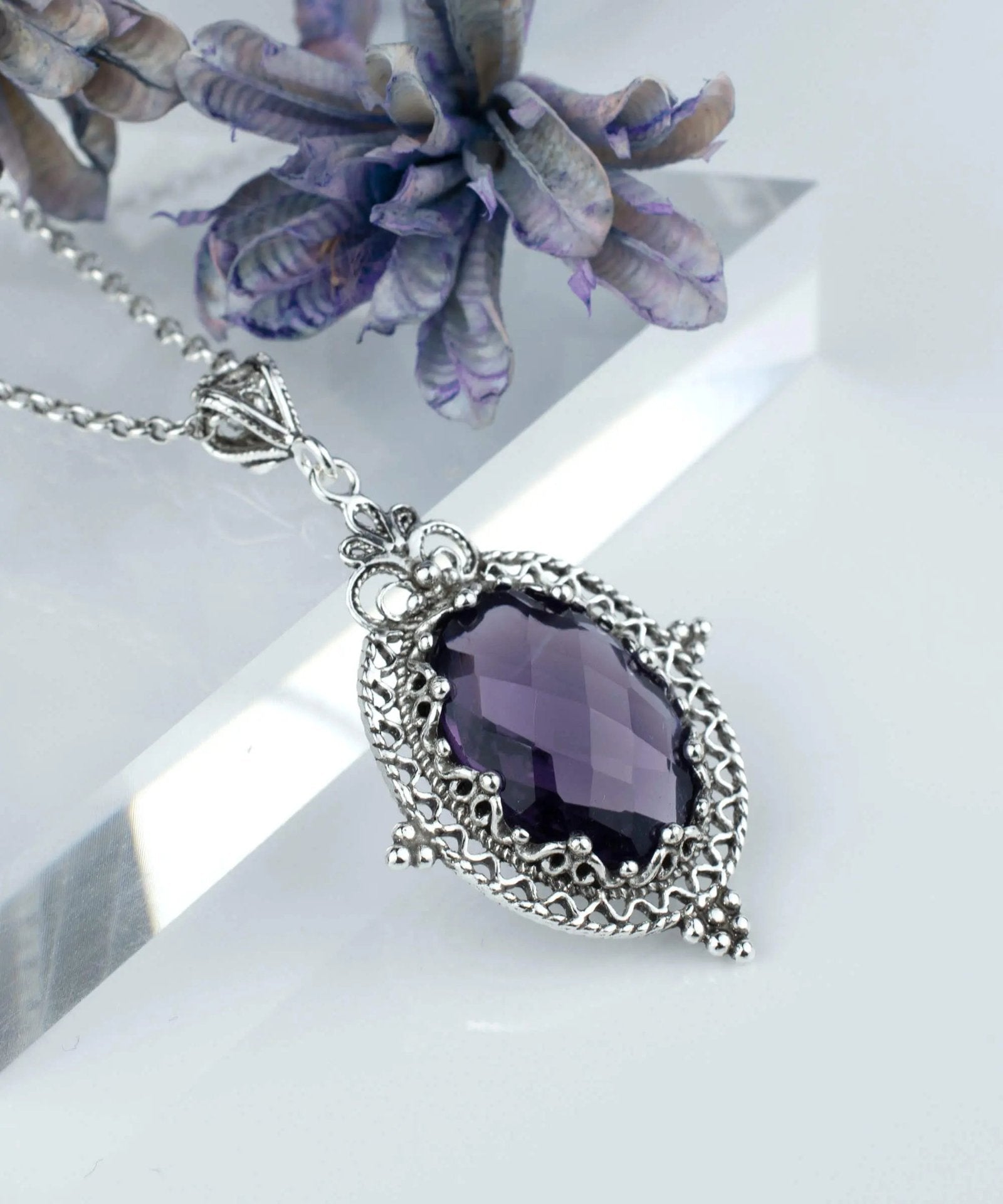 Filigree Art Amethyst Gemstone Women Silver Oval Pendant Necklace - Drakoi Marketplace