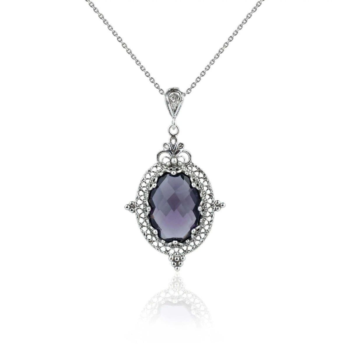 Filigree Art Amethyst Gemstone Women Silver Oval Pendant Necklace - Drakoi Marketplace