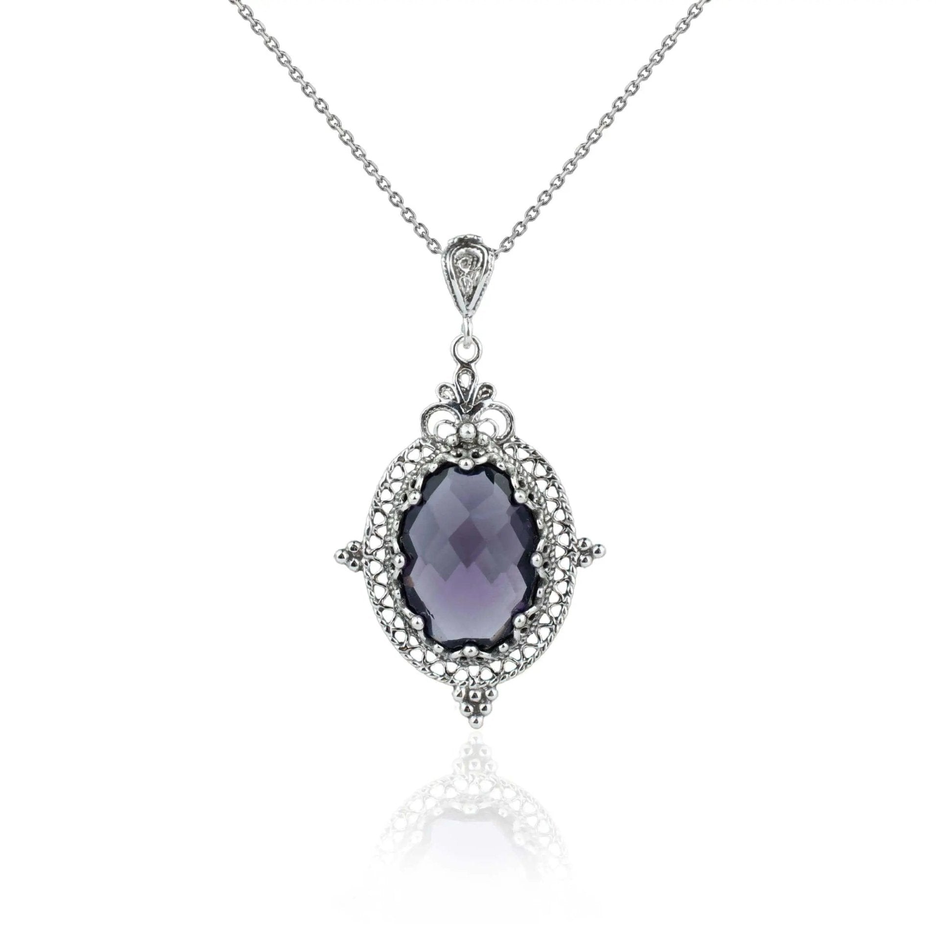 Filigree Art Amethyst Gemstone Women Silver Oval Pendant Necklace - Drakoi Marketplace