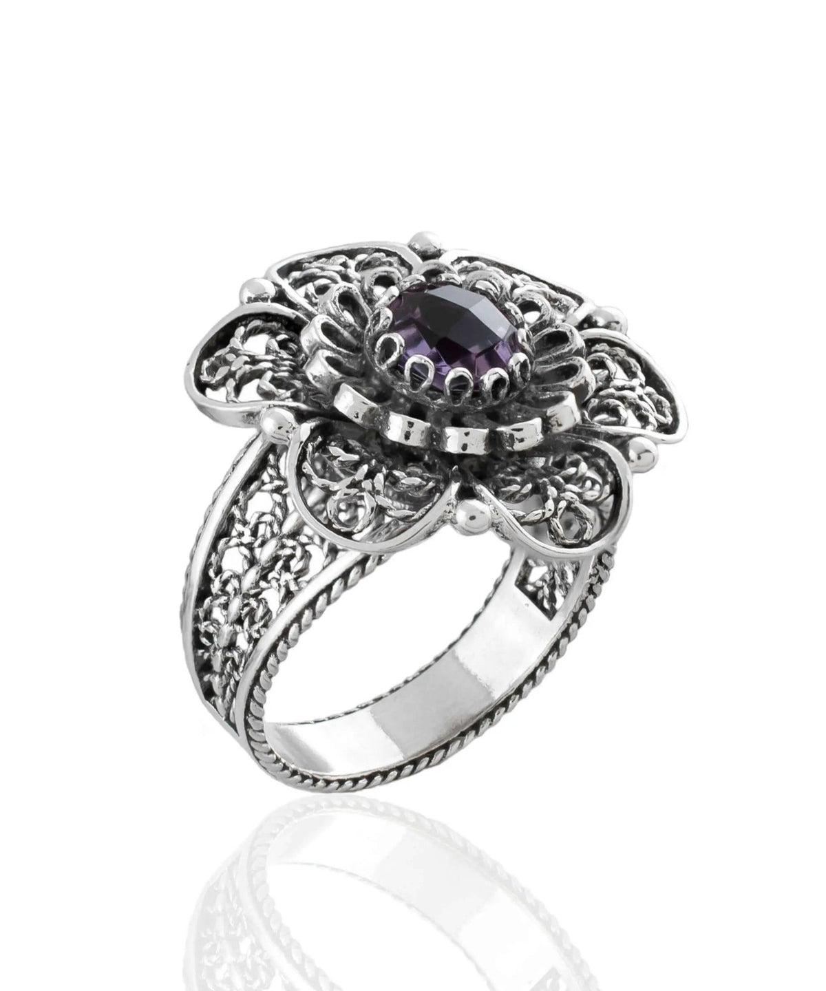 Filigree Art Amethyst Gemstone Women Silver Statement Ring - Drakoi Marketplace