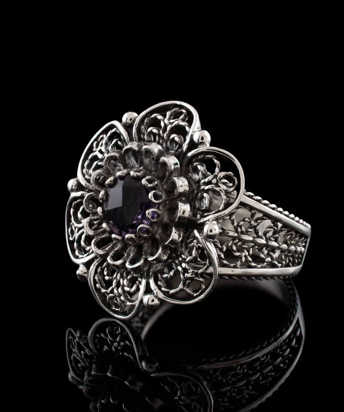 Filigree Art Amethyst Gemstone Women Silver Statement Ring - Drakoi Marketplace