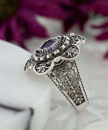 Filigree Art Amethyst Gemstone Women Silver Statement Ring - Drakoi Marketplace