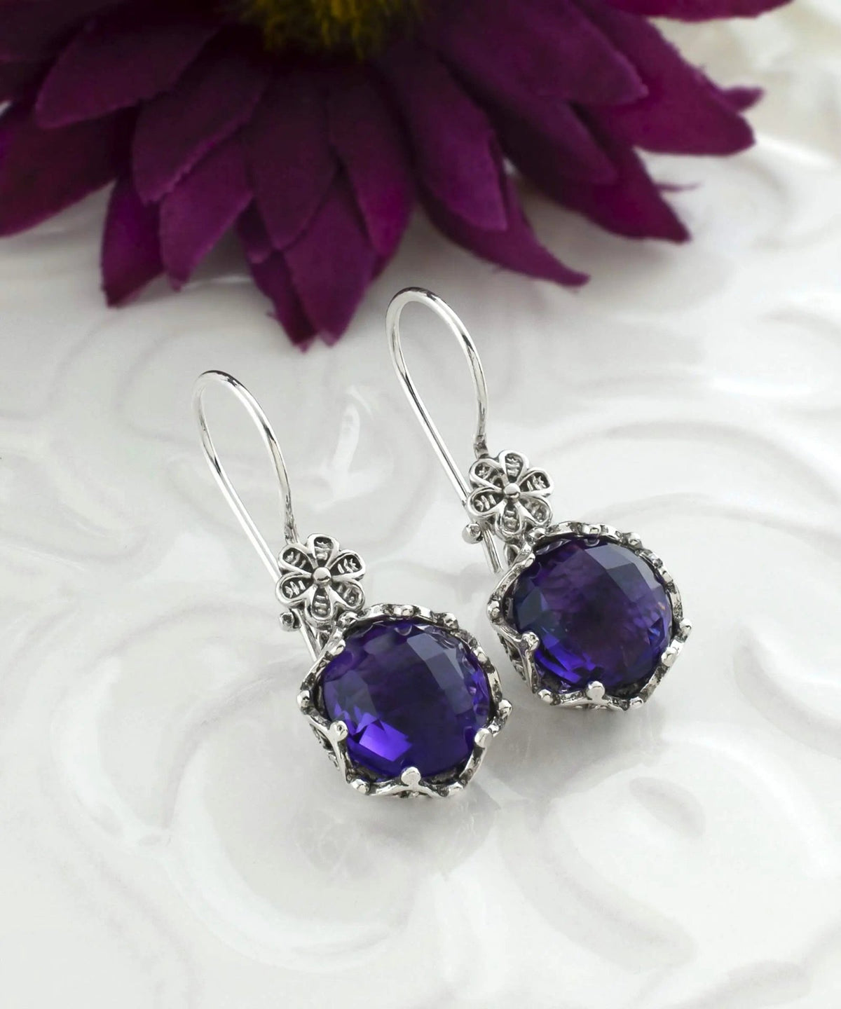 Filigree Art Amethyst Gemstone Women Sterling Silver Drop Earrings - Drakoi Marketplace