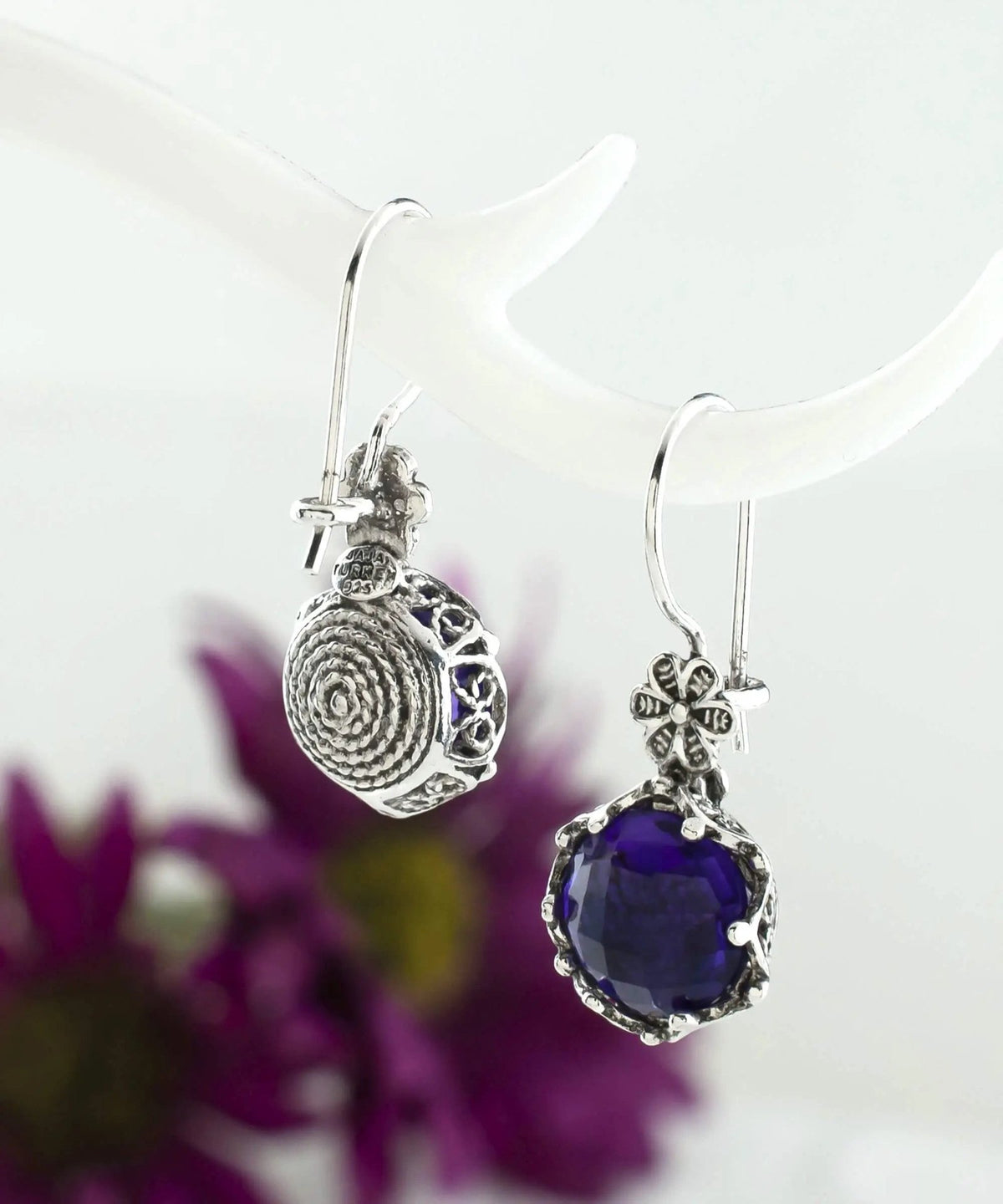 Filigree Art Amethyst Gemstone Women Sterling Silver Drop Earrings - Drakoi Marketplace