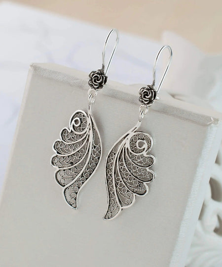 Filigree Art Angel Wings Women Silver Dangle Drop Earrings - Drakoi Marketplace