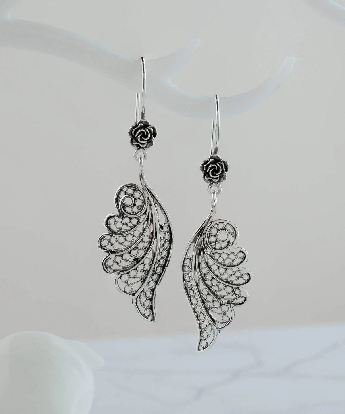 Filigree Art Angel Wings Women Silver Dangle Drop Earrings - Drakoi Marketplace