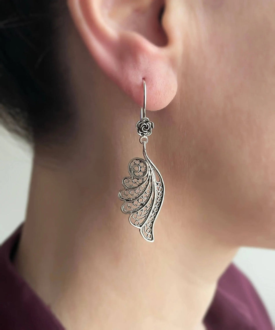 Filigree Art Angel Wings Women Silver Dangle Drop Earrings - Drakoi Marketplace