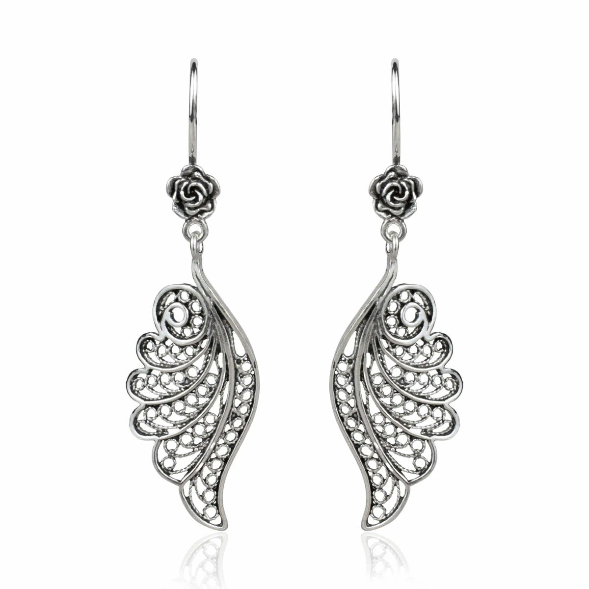 Filigree Art Angel Wings Women Silver Dangle Drop Earrings - Drakoi Marketplace