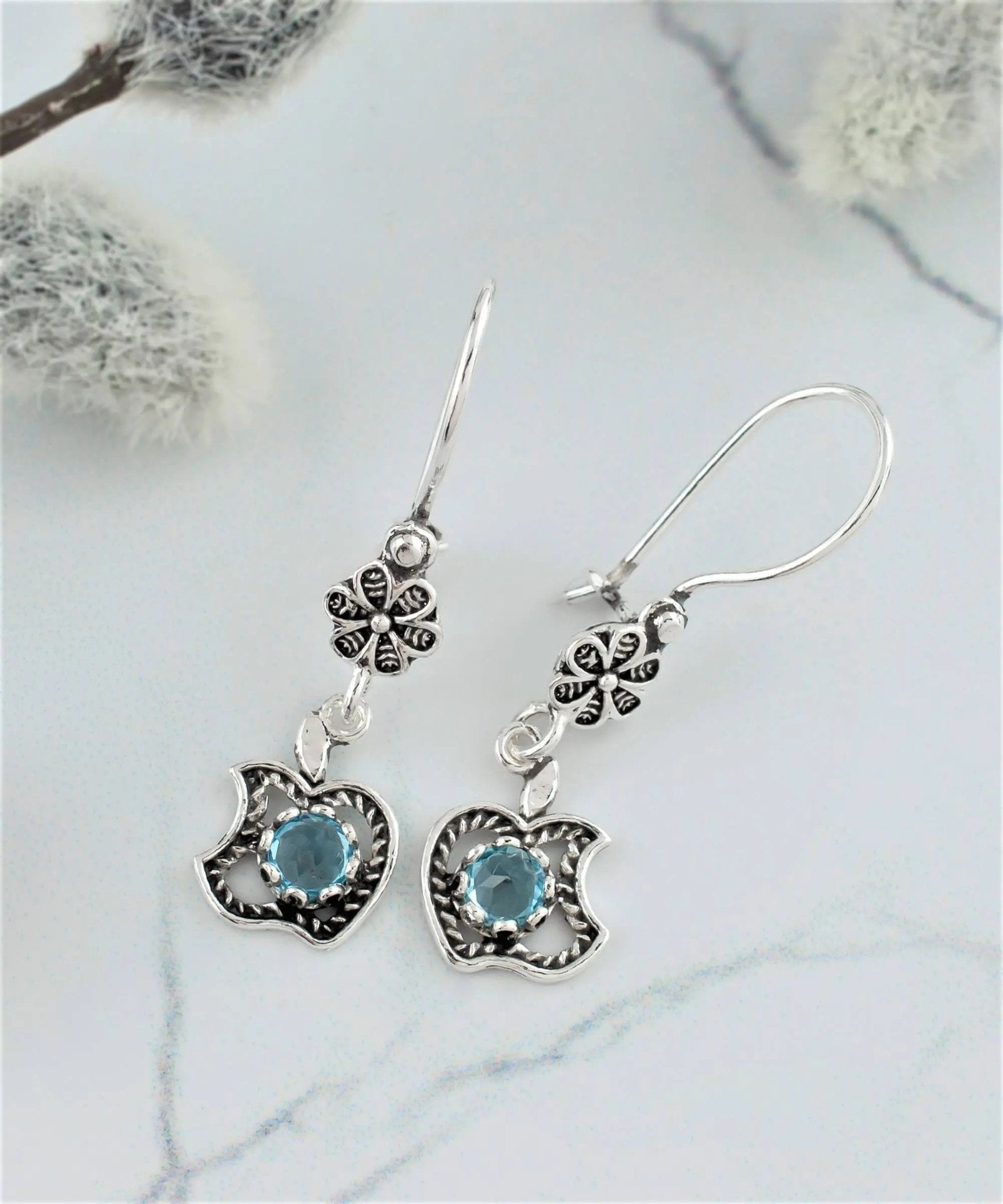 Filigree Art Apple Design Gemstone Women Silver Dangle Earrings - Drakoi Marketplace