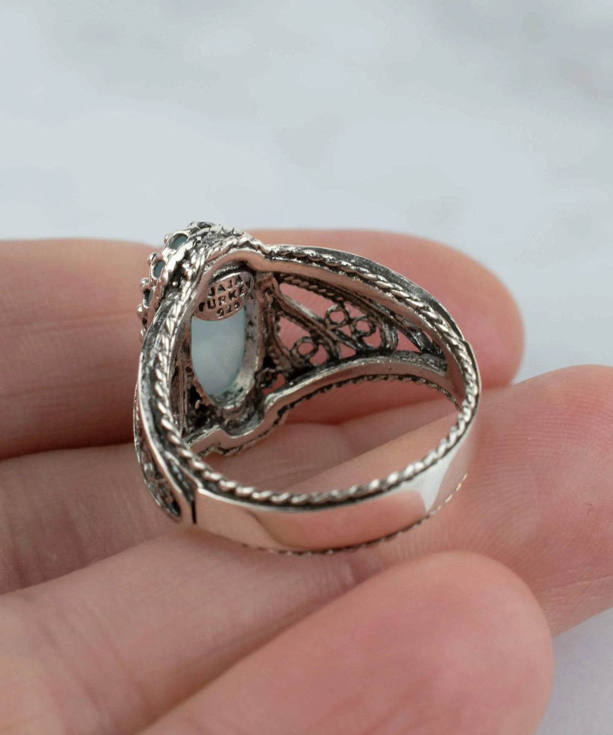 Filigree Art Aqua Chalcedony Gemstone Angel Design Women Silver Cocktail Ring - Drakoi Marketplace