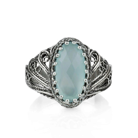 Filigree Art Aqua Chalcedony Gemstone Angel Design Women Silver Cocktail Ring - Drakoi Marketplace