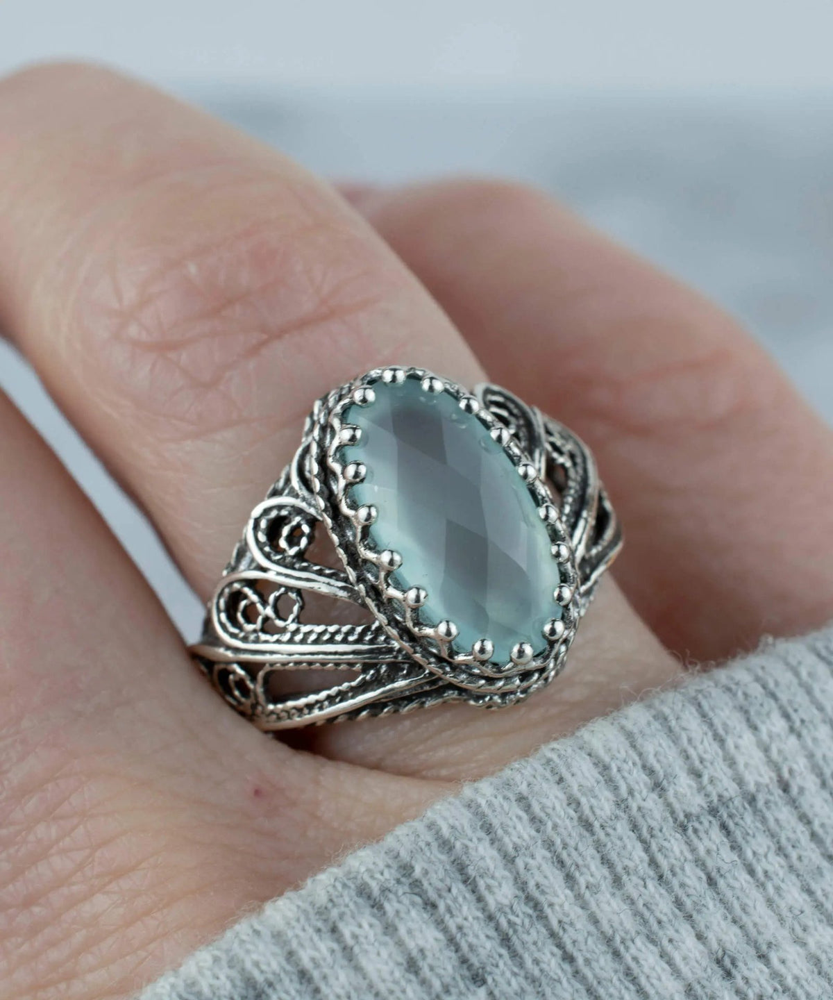 Filigree Art Aqua Chalcedony Gemstone Angel Design Women Silver Cocktail Ring - Drakoi Marketplace