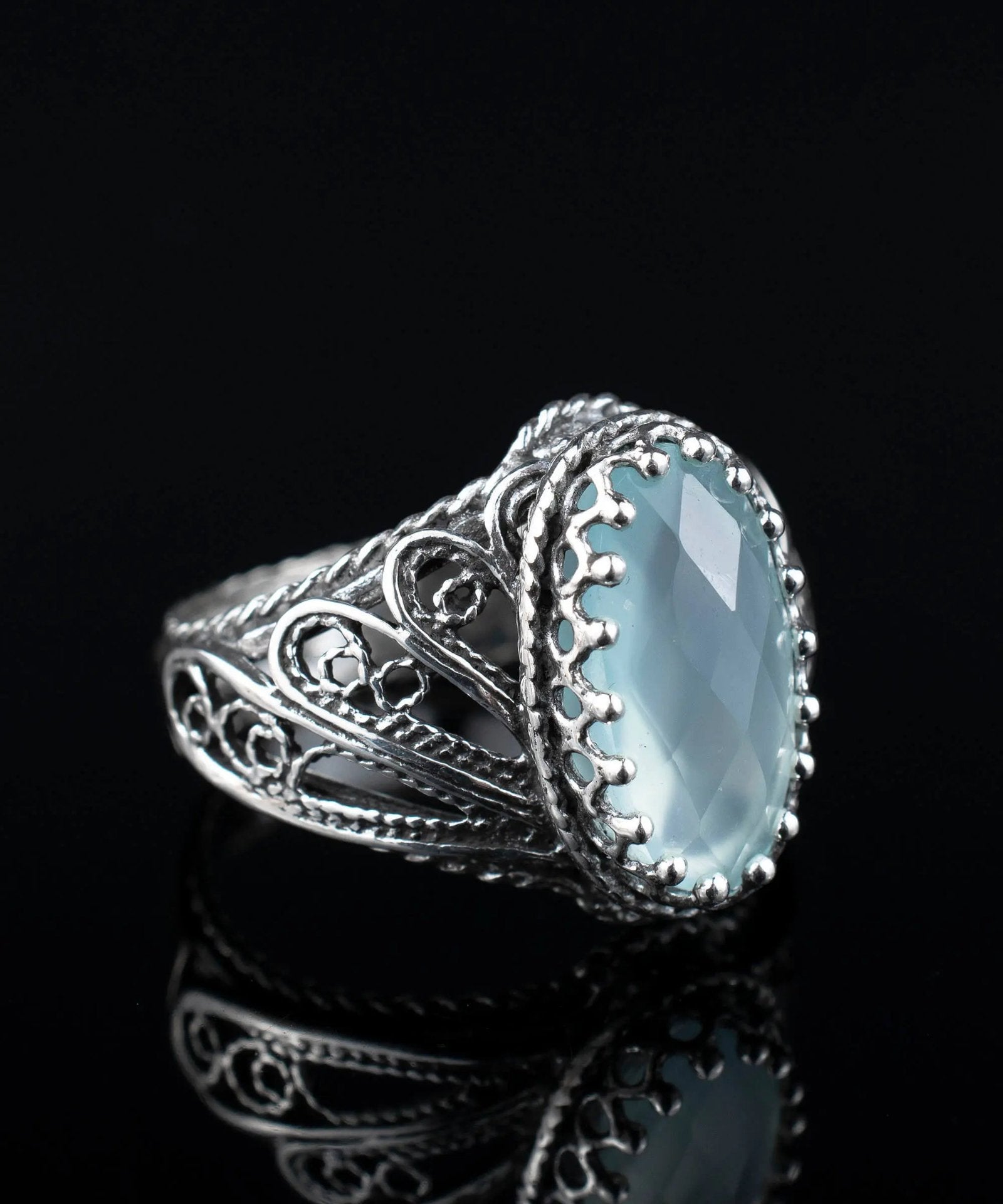 Filigree Art Aqua Chalcedony Gemstone Angel Design Women Silver Cocktail Ring - Drakoi Marketplace