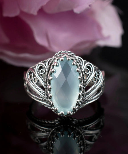 Filigree Art Aqua Chalcedony Gemstone Angel Design Women Silver Cocktail Ring - Drakoi Marketplace