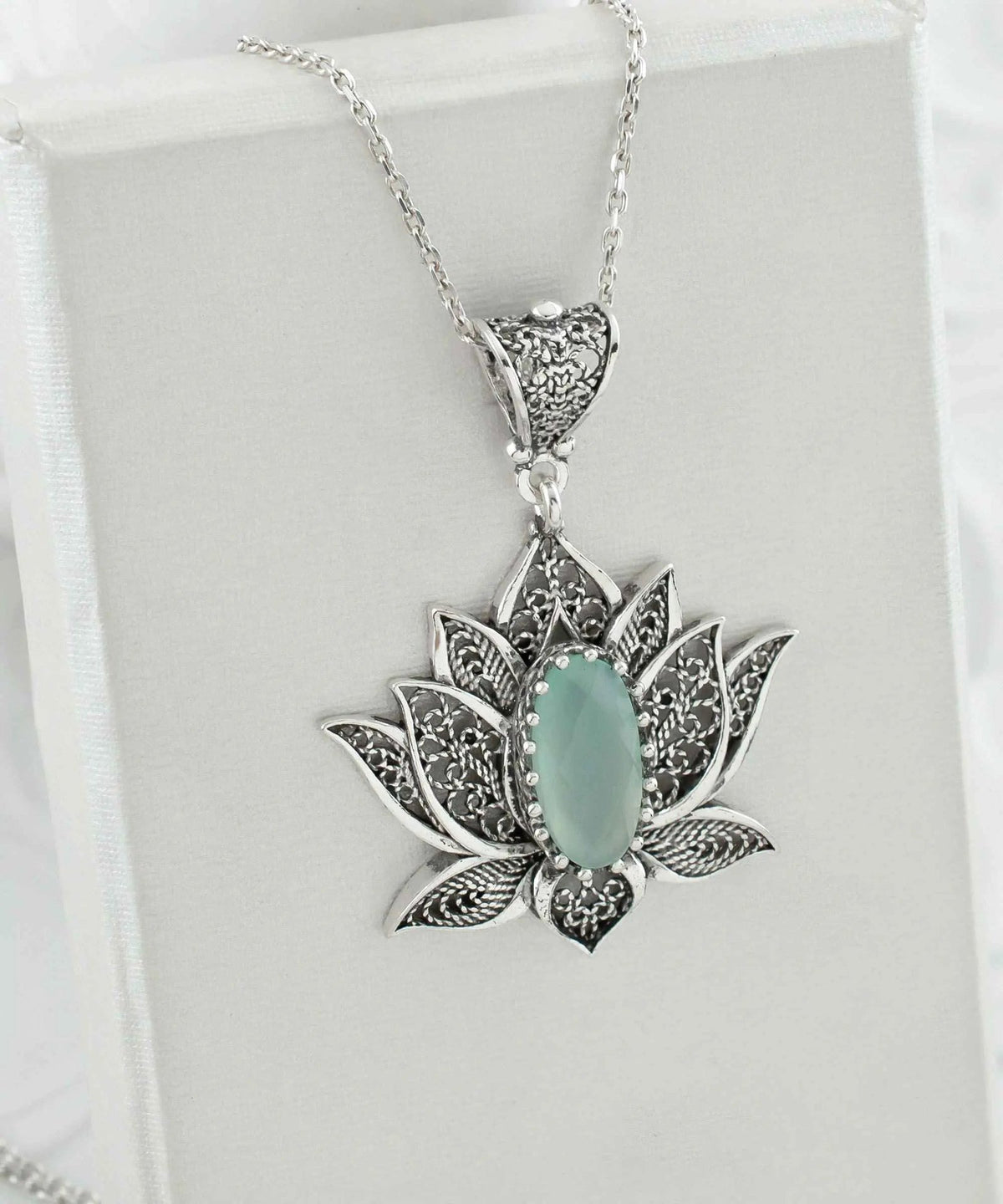 Filigree Art Aqua Chalcedony Gemstone Blossoming Lotus Flower Women Silver Pendant Necklace - Drakoi Marketplace